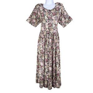 Vtg Nostalgia Womens S Floral Crinkle Maxi Lagenlook Dress Button Up Bloomcore